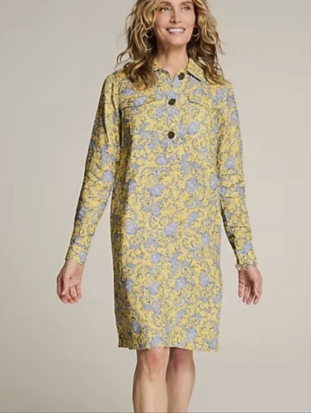 J.JILL Love Linen Popover Shirtdress Yellow Paisley Long-Sleeve Shift Dress Sz.M